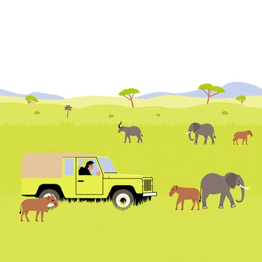 A safari jeep with a bright green exterior is driving through a vast green savanna. The jeep has a canvas roof and is open at the sides. Surrounding the jeep, various wildlife is grazing peacefully in the tall grass. A group of brown antelopes is positioned to the left, while a family of elephants is seen in the distance on the right. The scenery includes scattered acacia trees dotting the landscape under a clear blue sky.