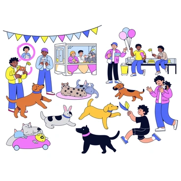 A lively festival scene filled with various animals and their owners. Dogs of different breeds, like a golden retriever and a dachshund, are playing fetch with their owners, who are smiling and engaged. A group of cats are lounging in a shaded area, with one tabby cat playfully swatting at a feather toy held by its owner. Nearby, a small child with a bunny in their arms is excitedly watching a puppet show. Colorful banners and balloons decorate the area, and in the background, people are enjoying food from food stalls while interacting with their pets.