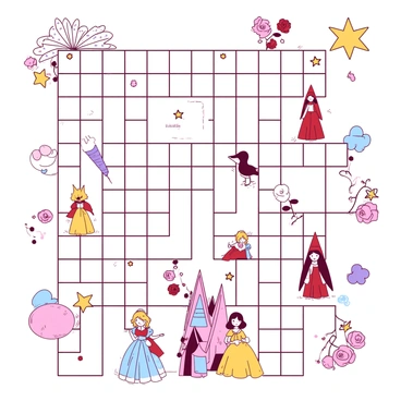 A white crossword grid is filled with small illustrations depicting various storybook characters from fairytales. Each square of the grid features a unique character such as "Cinderella," "Little Red Riding Hood," and "Jack and the Beanstalk." The characters are illustrated in a charming style, showcasing their iconic features; for example, Cinderella is portrayed with her glass slipper and sparkling gown, while Little Red Riding Hood wears her signature red cloak. The grid is surrounded by colorful elements like flowers and stars, enhancing the fairytale theme.