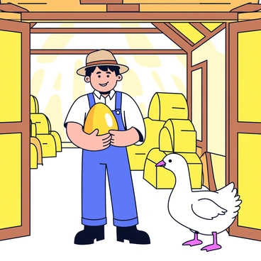 A farmer with a gentle smile and a straw hat stands in a cozy barn. He is holding a large, shiny golden egg in his hands, looking at it with amazement. The barn has wooden beams and is filled with hay bales stacked in the corner. A goose with white feathers and a pink beak is nearby, watching the farmer curiously. Sunlight filters through the barn doors, creating a warm atmosphere around them.