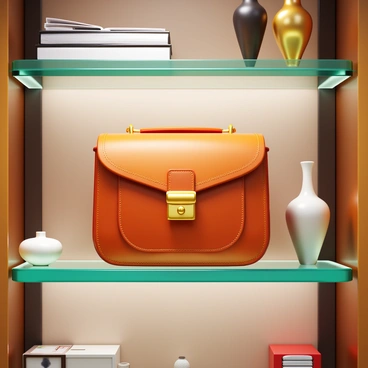 A luxury handbag crafted from high-quality leather, featuring intricate stitching and a polished gold clasp. The handbag is displayed on a chic boutique shelf made of sleek glass, surrounded by delicate decorative items like small vases and fashion magazines. Soft lighting illuminates the handbag, highlighting its texture and design. The background includes a stylish boutique interior with elegant decor elements.