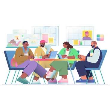 A lively co-working space with professionals from various fields collaborating