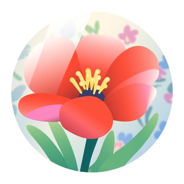 A vibrant red flower is prominently displayed in the foreground, with its petals glistening under soft sunlight. The center of the flower, showcasing intricate yellow stamens, is in sharp focus. Behind the flower, the background transitions into a soft blur, featuring green foliage and hints of other colorful flowers. The colors in the background softly blend together, creating an impression of a lush garden. The overall composition highlights the beauty of the flower while gently obscuring the details of the background.
