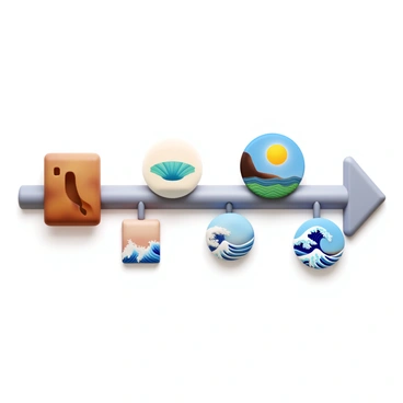 A 3D icon depicting a timeline featuring several famous illustrations from different historical periods. The timeline is represented as a horizontal line with distinct segments for each period. Each segment showcases a notable illustration, such as "Cave paintings" from prehistoric times, "The Birth of Venus" by Botticelli from the Renaissance, and "The Great Wave off Kanagawa" by Hokusai from the Edo period. Each illustration is displayed in detail, capturing the unique style and colors of its time. The background is a subtle gradient that enhances the focus on the timeline and the illustrations.