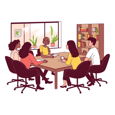 A warm and inviting office environment features a diverse group of candidates seated around a polished wooden conference table. The candidates represent various ethnicities, genders, and ages, each dressed in professional attire. In the background, there are shelves filled with books and plants, adding a touch of greenery to the space. A large window lets in natural light, illuminating the faces of the candidates as they engage in conversation. A friendly interviewer sits across from them, actively listening and taking notes.