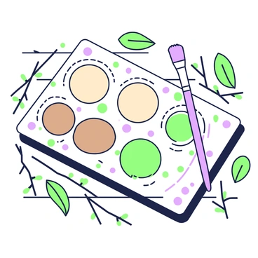 A close-up view of a nature-inspired color palette displayed on a wooden table. The palette features various shades arranged in small containers. There are earthy tones of brown and beige alongside several green hues in circular wells. A paintbrush rests diagonally across the palette, with a small dab of a green shade on the tip. Surrounding the palette, there are leaves and twigs scattered across the table, enhancing the natural theme of the arrangement.