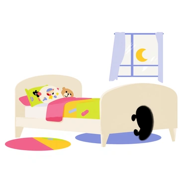 A dark shadow slowly creeping out from under a child's bed. The bed is a light wooden frame with colorful bedding featuring cartoon characters. A small stuffed teddy bear is placed on one side of the bed. The floor is covered with a soft, round rug in bright colors. The shadow has a vague, shapeless form, suggesting a mysterious presence. Soft moonlight filters through a nearby window, illuminating the space with a gentle glow, contrasting the shadow’s darkness. The atmosphere is filled with a subtle sense of tension and curiosity.