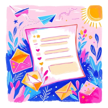 A whimsical contact form page features a variety of playful illustrated elements. There are colorful envelopes scattered around the page, some flapping open to reveal their contents. Paper planes soar across the top section, trailing dotted lines behind them. The contact form itself is positioned centrally, with soft rounded corners and a light pastel background. Each input field is bordered by small decorative icons like stars and hearts, adding to the playful theme. A cheerful sun is drawn in the corner, casting a warm glow over the entire scene.