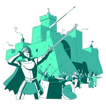 A teal fortress stands tall with its sturdy stone walls, under siege by invaders. Archers clad in armor are strategically positioned on the battlements, drawing their bows and aiming arrows at the approaching enemies. In the foreground, a heroic figure in shining armor, holding a sword high above their head, is rallying the troops. The hero has a determined expression, inspiring the soldiers around them. Smoke from the battle rises in the air, adding to the intensity of the scene.