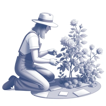 A gardener is kneeling beside a rose bush in a botanical garden. The gardener is wearing a wide-brimmed hat and gloves while carefully using pruning shears to trim the flowers. The rose bush is lush with blooming flowers and green foliage. There are several other plants and flowers surrounding the scene, with a pathway made of stones leading through the garden. Sunlight casts gentle shadows across the ground, illuminating the detailed textures of the leaves and petals.