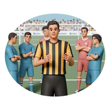 A referee in action, surrounded by players as he explains a decision during a stoppage in play.