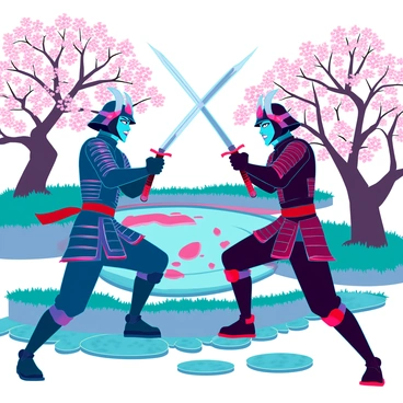 Two samurai warriors with ornate armor, one clad in deep blue and the other in rich crimson, stand poised to duel in a Japanese garden. The garden features meticulously raked gravel, vibrant green moss, and delicate cherry blossom trees in full bloom, their pink petals gently falling around them. The warriors have fierce expressions, gripping their katana swords tightly, with their blades gleaming in the sunlight. Behind them, a tranquil koi pond reflects the surrounding beauty, adding a touch of serenity to the intense moment before the clash.