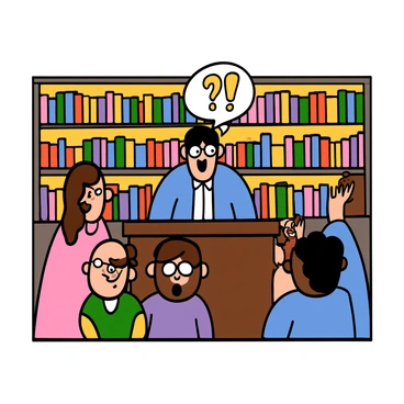 A librarian with light skin and short black hair standing behind a wooden desk, speaking loudly with an animated expression. She is wearing round glasses, a blue cardigan, and has colorful book titles displayed behind her on a shelf. Several patrons, including a light-skinned woman with long brown hair in a ponytail and a dark-skinned man with a beard, are looking at her with surprised expressions. The library setting features tall bookshelves filled with books and a warm light illuminating the space.