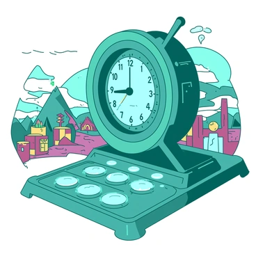A teal whimsical time machine with intricate gears and shiny levers is positioned at the center of the image. The machine features a large circular dial, adorned with various symbols representing different eras. Surrounding the machine, there are glowing buttons that emit a soft blue light, suggesting functionality. In the background, hints of a fantastical landscape can be seen, with colorful depictions of different historical periods blending seamlessly into one another. The scene is lively, with a sense of adventure and potential for exploration into another era.