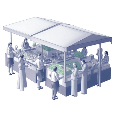 A busy marketplace filled with a variety of stalls, each displaying an array of goods. The stalls are crowded together, showcasing fresh produce and handmade items. There is a notable presence of an oni, characterized by its horns and traditional attire, actively haggling with a vendor over a selection of vegetables. The scene is lively, with various shoppers milling about, some engaged in conversation and others examining the items for sale. The overall atmosphere conveys a sense of a vibrant community gathering.