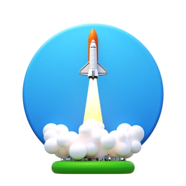 A space shuttle launching into the sky with a trail of smoke