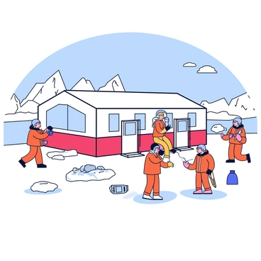 An Antarctic research station with a white and red exterior, featuring large windows. Outside, several scientists in bright orange parkas are engaged in various experiments. One scientist is analyzing ice samples, while another is setting up equipment on a snowy surface. Snowdrifts surround the station, and a clear blue sky is visible overhead. In the background, towering icy cliffs rise against the horizon.