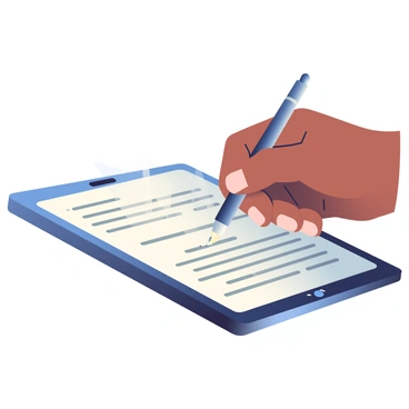 A close-up of a hand with medium skin tone is holding a stylus, poised above a tablet screen. The tablet displays a digital document with text and lines for signatures. The hand is slightly angled, showcasing well-manicured nails painted in a soft, neutral tone. Glints of light reflect off the tablet's screen, emphasizing the digital interface. The background is softly blurred, focusing attention on the act of signing.