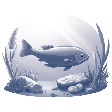 A coelacanth is swimming through an ancient ocean. The fish has a rounded body and lobed pectoral fins, displaying its distinctive features. Surrounding the coelacanth, there are prehistoric marine plants, such as tall, feather-like fronds and large leafy vegetation swaying gently in the water currents. The ocean floor is scattered with rocky formations and ancient corals, adding to the richness of the underwater scene. Sunlight filters through the water, creating a shimmering effect that enhances the serene atmosphere of the ancient environment.