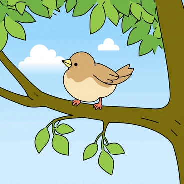 A small baby bird with fluffy feathers and a light yellow beak is perched on a thick, green tree branch. The bird is looking down with a mix of excitement and nervousness as it prepares to take its first flight. Below the branch, there are vibrant green leaves swaying gently in the breeze. The sky in the background is a clear blue, dotted with a few fluffy white clouds. The bird's wings are slightly spread, and its tiny feet are gripping the branch tightly. Sunlight filters through the leaves, casting soft shadows.
