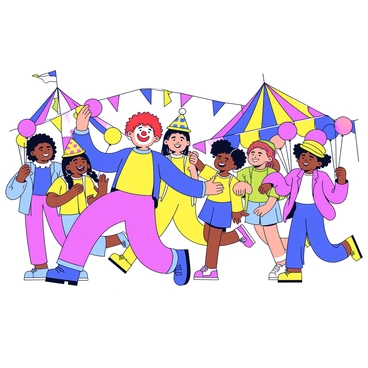 A group of children is joyfully following a clown in a colorful carnival. The clown has bright red hair and a big painted smile, wearing a multicolored outfit with oversized shoes. The children, of various ethnicities, are dressed in vibrant clothes, some wearing party hats. The carnival is filled with colorful tents, balloons, and decorations. Laughter can be seen on their faces as they engage with the joyful atmosphere.