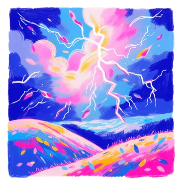 A stormy sky with lightning bolts made of colored pencils and paintbrushes