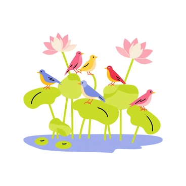 A group of colorful birds perched on slender green lotus stems. The birds display various hues, including bright reds, yellows, and blues. Large green lotus leaves spread out around the stems, some partially floating on a calm body of water. The background features soft pink and white lotus flowers in full bloom, enhancing the vibrant scene. The overall composition captures a lively yet tranquil atmosphere in nature.