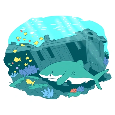 A teal tiger shark is swimming protectively near an old, sunken shipwreck that is covered in barnacles and coral. The shipwreck is partially submerged, with twisted metal and broken wooden planks visible. Surrounding the shark, there is a vibrant cloud of various colorful fish, including small yellow and orange species darting in and out of the wreckage. Sunlight filters down from above, illuminating the scene and creating a lively underwater atmosphere. The shark's powerful body stands out against the rich colors of the fish and the weathered shipwreck.