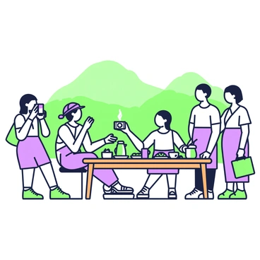 A group of tourists is gathered around a beautifully arranged wooden table at a popular tea spot in Kerala. Some tourists are taking photos of the surrounding lush greenery and the vibrant tea plantation hills in the background. Others are seated, sipping steaming cups of tea, and engaging in conversation. The table is adorned with plates featuring traditional snacks, and colorful tea kettles are placed on the side. The scene conveys a sense of enjoyment and camaraderie among the tourists as they immerse themselves in the local culture.