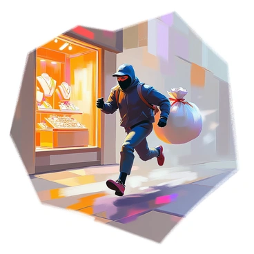 An illustrated scene of a robber with a sack of stolen money running away from a jewelry store.