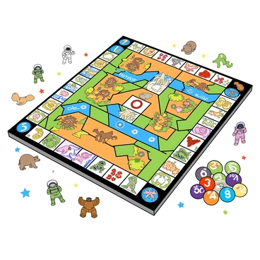 A large, colorful bingo board filled with intricate designs and multiple pathways. The board is divided into various sections with unique patterns, each representing different themes such as nature, space, and fantasy. Surrounding the board are various detailed game pieces, including miniature figures of animals, astronauts, and mythical creatures, all in vibrant colors. Each pathway is lined with whimsical decorations like stars, flowers, and coins. In the corner of the image, a set of colorful bingo balls is shown, each featuring a different number in bold font. The scene is lively and inviting, showcasing the creativity of the board game.