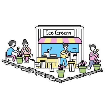 A quaint ice cream shop with a white wooden exterior and a colorful awning is situated in a small village square. The shop has a sign that reads "Ice Cream" in bright letters. Surrounding the shop are cobblestone streets that reflect the sunlight. Green potted plants with vibrant flowers are placed by the entrance. Several rustic wooden tables and chairs are set outside for customers. A few villagers are seen enjoying their ice cream cones, while others stroll by, creating a lively yet peaceful atmosphere.