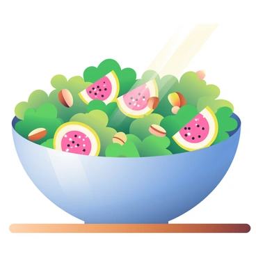 A large, round bowl is filled with a colorful salad. The salad contains bright green leafy greens as the base. Sliced guavas with their pink and yellow flesh are scattered throughout, adding vibrant pops of color. A variety of nuts, including almonds and walnuts, are mixed in, providing texture and contrast. The bowl is placed on a wooden table, and a light source creates gentle highlights on the fresh ingredients.