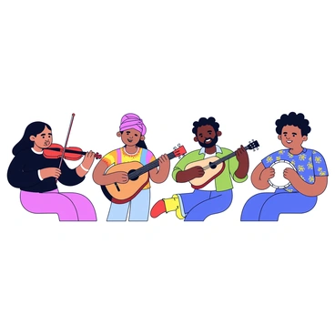 A group of musicians from different cultures, each playing their unique instruments. On the left, a musician with long black hair plays a violin, wearing traditional attire. Next to them, a woman in a colorful sari plays a sitar, her fingers deftly moving over the strings. In the center, a man with a beard strums a guitar, wearing a casual t-shirt and jeans. To the right, another musician plays a djembe drum, wearing a vibrant African print shirt. All musicians are focused, creating a sense of unity and collaboration as they perform together in a harmonious arrangement.