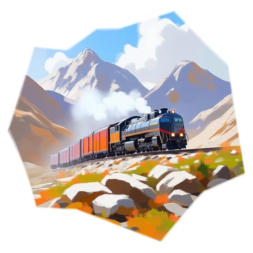 A long train consisting of several black coal cars is traveling through a rugged mountainous landscape. The train is moving along a winding track that hugs the valleys and hills. Towering mountains with rocky peaks create a dramatic backdrop, partially shrouded in mist. In the foreground, patches of green vegetation and scattered boulders add texture to the scene. The sky above is bright with a few fluffy clouds, providing a contrast to the dark coal cars of the train.