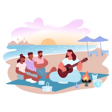 A person with medium-length hair is sitting on a blanket on the sand, holding a guitar. They are surrounded by a few friends who are seated nearby, smiling and engaging in conversation. The sun is setting on the horizon, casting warm orange and pink hues across the sky. Small waves gently lap at the shore in the background. In the distance, beach umbrellas and a few palm trees are silhouetted against the colorful sky. A small campfire is crackling on one side, with a few drinks and snacks placed nearby.