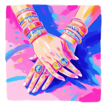 A close-up view of a pair of hands resting on a textured surface. The hands are adorned with multiple rings, including a large gemstone ring, delicate bands, and intricately designed stackable rings. Various bangles encircle the wrists, some are smooth, while others feature detailed engravings or colorful stones. The light catches the metallic surfaces, creating reflections that highlight the intricate details of the jewelry. The skin tone of the hands contrasts against the shiny accessories, emphasizing their elegance and uniqueness.