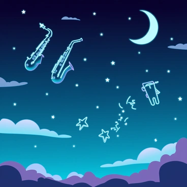 A night sky filled with deep blue hues and scattered white stars. The stars are arranged to form the shapes of various jazz instruments, including a saxophone, trumpet, and double bass. Wisps of clouds drift across the sky, creating a soft contrast against the instrument shapes. The moon is crescent, casting a faint glow that enhances the visibility of the star formations. The overall atmosphere is tranquil and inviting.