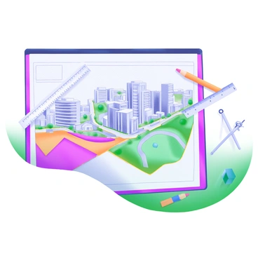 A modern pastel illustration featuring a detailed urban landscape plan sketched on an illustration board. The board displays various structures including buildings, parks, and roads. Different zones of the city are marked with distinct colors, showcasing residential, commercial, and recreational areas. Nearby, there are construction tools such as a ruler, a compass, and colored pencils arranged neatly. The background consists of light pastel shades that add depth to the scene while keeping the focus on the urban plan.
