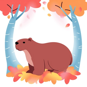 A capybara is standing on a bed of vibrant orange, red, and yellow leaves in an autumn forest. The capybara has a smooth, brownish coat and is positioned among tall trees with trunks covered in rough bark. The branches above are filled with leaves in various shades of autumn colors, some of which are gently falling around the capybara. Sunlight filters through the tree canopy, casting dappled light on the forest floor.