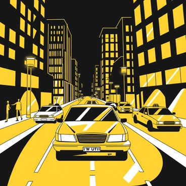A yellow taxi cab driving along a busy street in a city at night. The taxi has its headlights on, illuminating the surroundings. Tall buildings with bright windows rise on either side of the street. Streetlights cast a warm glow onto the asphalt. The road is filled with other cars, and a few pedestrians can be seen on the sidewalks, moving about their evening activities. The sky is dark, highlighting the vibrancy of the city lights.