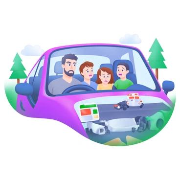 A family on a road trip, looking worried as they see an accident ahead.