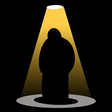 A shadowy figure with indistinct features stands alone under a bright spotlight. The figure appears to have a slumped posture, suggesting a sense of heaviness or guilt. The surrounding area is dark, creating a stark contrast with the illuminated figure. The spotlight highlights only the outline of the figure, leaving the face and clothing ambiguous and undefined. The atmosphere feels tense, emphasizing the emotional weight the figure carries.