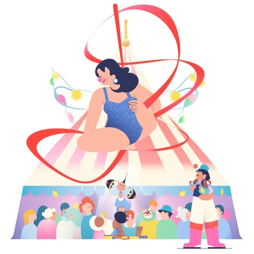 An aerialist with long, flowing dark hair is performing on soft, flowing silk ribbons suspended from the ceiling. She is wearing a sparkling, deep blue leotard that glimmers under the bright lights. The ribbons are bright red, swirling elegantly around her as she skillfully executes a series of poses. Below her, the circus floor is vibrant with colorful decorations and a captivated audience watching in awe. A clown is juggling in the foreground, and colorful banners hang from the tent's interior, creating a festive atmosphere.