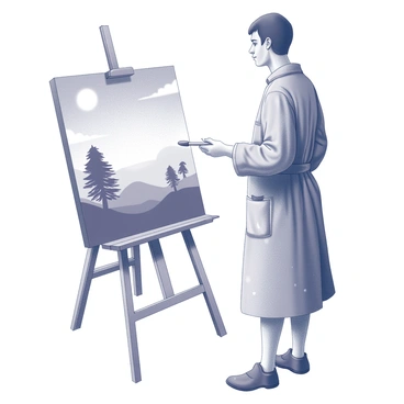 An artist stands in front of an easel, intently focused on a canvas. The artist, dressed in a smock with paint splatters, holds a brush in one hand while the other hand rests on the edge of the easel. The canvas reveals a landscape with exaggerated features, such as an oversized sun and dramatic, swirling clouds. In the foreground, there are twisted trees and distorted hills that suggest a bias in the representation. The artist's expression shows concentration, indicating a deep engagement with the altered reality on the canvas.