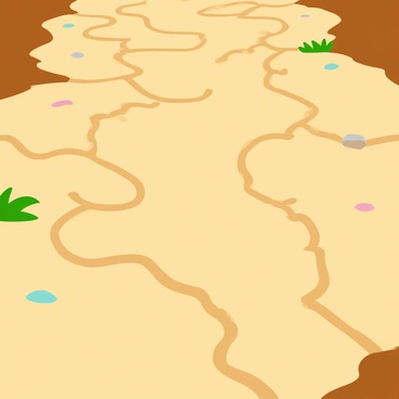 A dry riverbed with intricate, winding cracks in the light brown sediment. The cracks form a complex pattern that resembles a delicate lacework. The surrounding ground is composed of slightly darker patches of dirt, adding contrast to the riverbed. Occasional small pebbles are scattered throughout the cracked surface, and tufts of dried grass emerge at the edges, hinting at the remnants of a once-thriving ecosystem. The sunlight casts soft shadows in the crevices, enhancing the texture of the cracked earth.