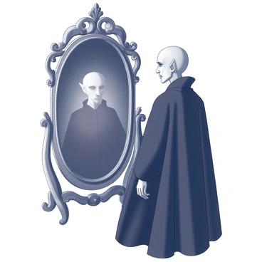A figure resembling Nosferatu stands in front of an ornate, vintage mirror. The mirror has an intricately carved wooden frame with floral motifs. Nosferatu has elongated features, pointed ears, and sharp, menacing fangs. His black cloak drapes around him, creating a sense of foreboding. The surface of the mirror reflects a darkened room, but Nosferatu's reflection is absent, leaving only the eerie emptiness where his image should be. The lighting casts shadows that accentuate the ghostly nature of the scene, highlighting the contrast between the figure and the mirror.