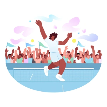 A tennis player in a white sports uniform is jumping in the air with one arm raised, showcasing a triumphant gesture. The player is positioned at the net area of the tennis court, the racket still in their other hand. Behind the player, a vibrant crowd can be seen, with many spectators cheering enthusiastically, holding up colorful banners and flags. The scene is filled with a variety of gradient pastel colors, enhancing the celebratory atmosphere.