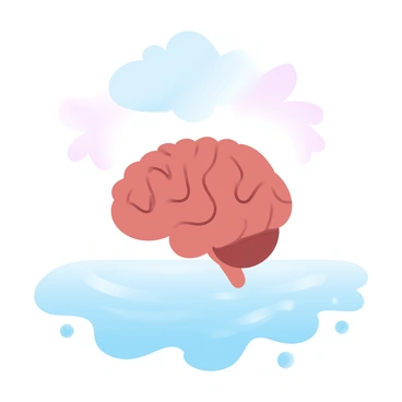 A peaceful scene of a brain floating over a calm sea, symbolizing mindfulness