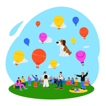 A vibrant hot air balloon festival featuring an array of colorful balloons in various shapes. There are round balloons in bright reds, yellows, and blues, alongside unique shapes like a giant dog balloon and a star-shaped balloon. The balloons are ascending into a clear blue sky, some appearing closer with intricate patterns visible on their surfaces. Below, a crowd is gathered, admiring the spectacle, with children pointing and smiling in excitement. Green grass stretches beneath them, dotted with picnic blankets and baskets, enhancing the lively atmosphere of the festival.